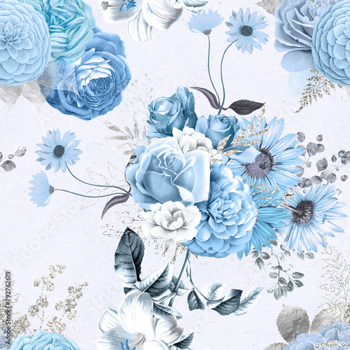 Blue Floral Digital Paper, Pattern Digital Paper