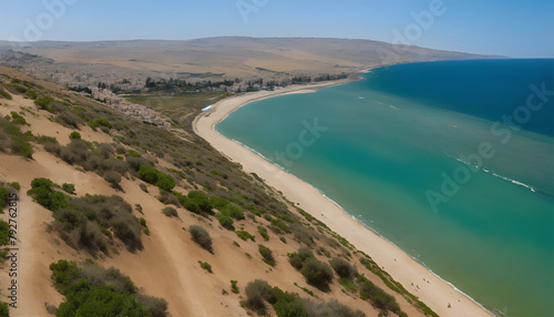 Aerial view of a beach coast next to a dry field with bushes