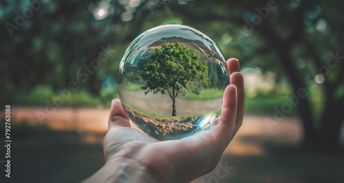 Dłoń trzymająca szklaną kulę z drzewem w środku. Ekostyle. Dzień Ziemi photo