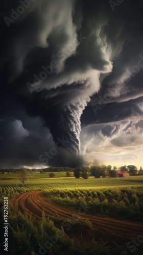 A large tornado is seen in the distance with a small farmhouse in the foreground.