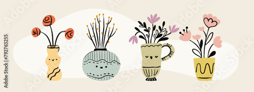 Set of cute doodle flowers in a vases with doodle kawaii face. Textured hand drawn isolated flowers