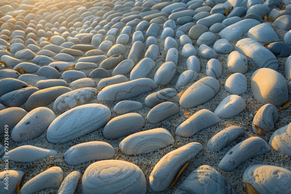 Obraz premium Aerial view of a sprawling zen labyrinth made of smooth river stones on a secluded beach at dawn
