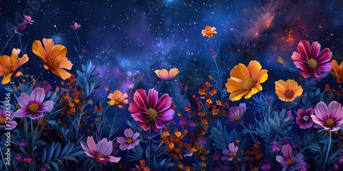 a vibrant, cosmic pattern featuring 3D blooming flowers and foliage, set against a starry night sky. 16k ultra HD resolution © Kashif Ali 72