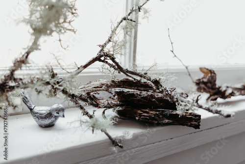 Whimsical bird and lichen adorn a serene windowsill.