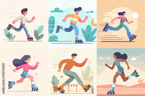 cartoon illustration set of person with roller skates. flat vector illustration