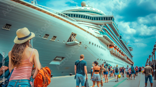 Cruise ship and passengers in port, cruise ship standing at the seaport preparing to board passengers