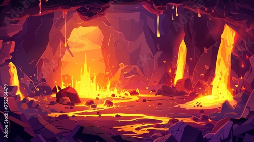 An illustration of hell in a stone mountain tunnel, with fiery molten magma flows, is a game background.