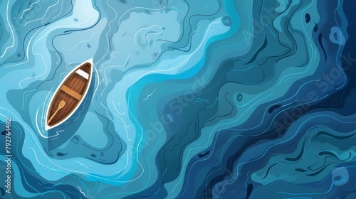 A cartoon illustration of a top view boat in blue water. A wooden dinghy with paddle floating in a river. A fantasy adventure topview lake banner. photo