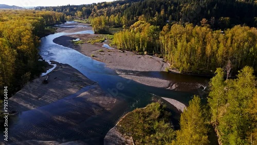 Aerial scenic view of Snoqualmie Middle Fork River in Washington State, North Bend. Rivers and Landscapes of Pacific Northwest photo