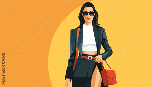 Fashionable woman in sunglasses with red handbag. Vector illustration