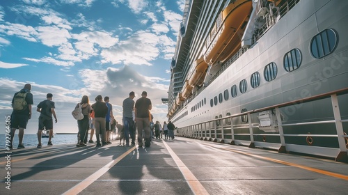 Cruise ship and passengers in port, cruise ship standing at the seaport preparing to board passengers