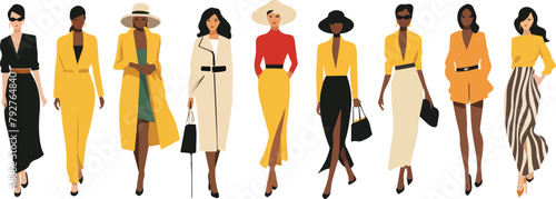 Fashionable women in different outfits. Set of vector illustrations.