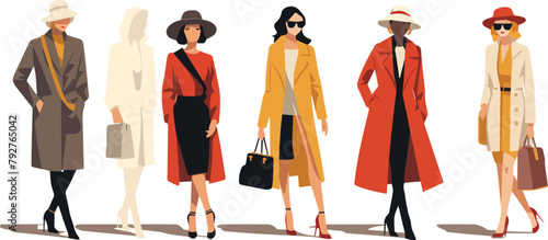 Fashionable women in coats, hats and sunglasses. Vector illustration
