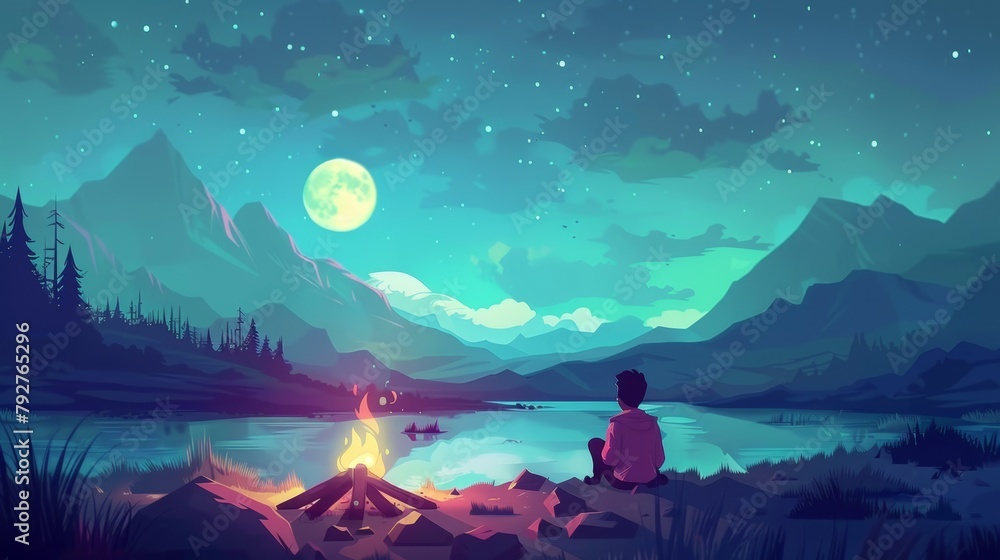 A man sits near a campfire in a forest with a mountain landscape. A full moon and starry sky appear over a summer pond. In the distance, a lost tourist joins a fire near a river to get warm.