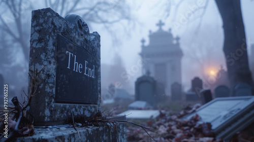 A cemetery with a tombstone sign that says "The End" on a foggy day. Copy space.
