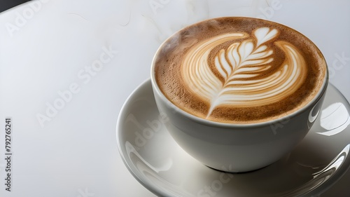 Close-up shot of a flavorful cappuccino adorned with delicate latte art designs. 