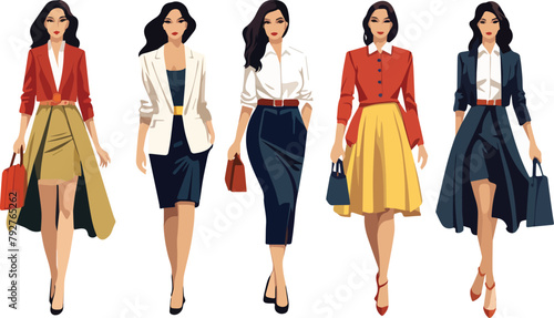 Fashionable women in different poses and clothes. Vector illustration.