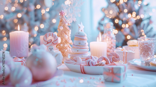 Pastel holiday decor scene, where candy hues bring festive cheer and comfort to a seasonal celebration photo