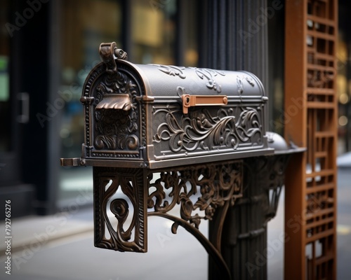 An ornate mailbox hangs on a street corner.