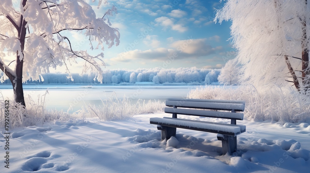 A wooden bench sits in a snowy forest. The trees are bare, and the snow is thick on the ground. The sky is blue, and the sun is shining.