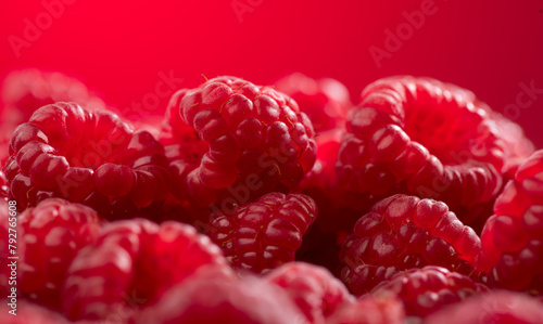 Raspberry fresh berries closeup, ripe fresh organic Raspberries over red background, macro shot. Harvest concept © Subbotina Anna