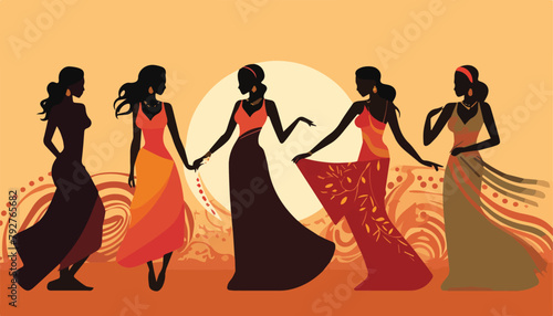 Silhouette of a group of women in evening dresses. Vector illustration