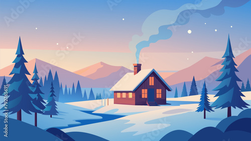 A peaceful and serene winter landscape with a cozy cabin nestled a the snowcovered trees smoke billowing from the chimney and the sound of