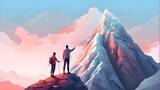 Collaboration concept: a man assists a friend in reaching the summit of a mountain; illustration by Generative AI