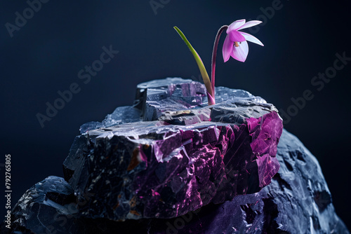 A fragile flower finds its place on a rough purple hued mineral surface, portraying resilience amidst harshness
