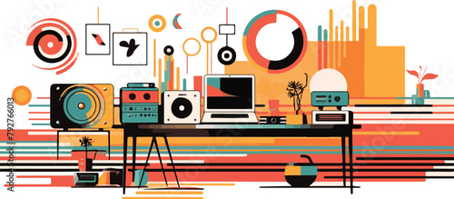 Music studio. Music production. Vector illustration in flat design style.