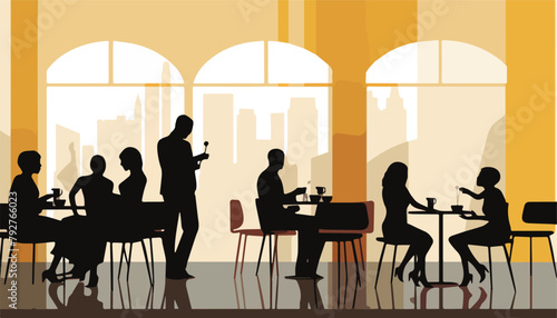 Vector illustration of people in a cafe. Silhouettes of people.