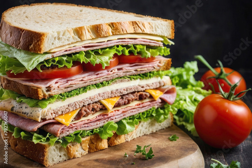 Advertising image of a huge cut delicious sandwich with meat on a wooden plate. A giant multi-layer hearty burger, meat, cheese, sausage, pickles, lettuce and tomatoes.
