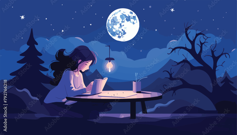 Girl reading a book at the table in the night. Vector illustration. Girl reading a book at the table in the night. Vector illustration.