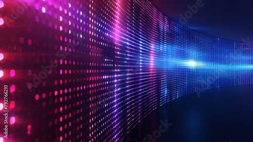 A concave side led screen wall stage light panel background. Video tv lcd monitor display with a grid glittering bulb glow texture effect. Projection technology cinema illustration.