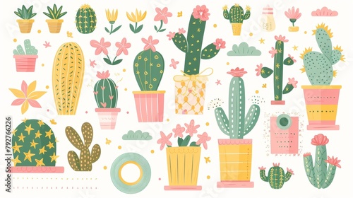 Craft craft cute paper tape adhesive modern sticker isolated element set. Peach sticky scotch with cactus pattern border. Washi tag piece illustration.