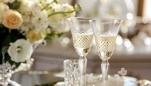 two wedding glasses with champagne on a buffet table with white flowers