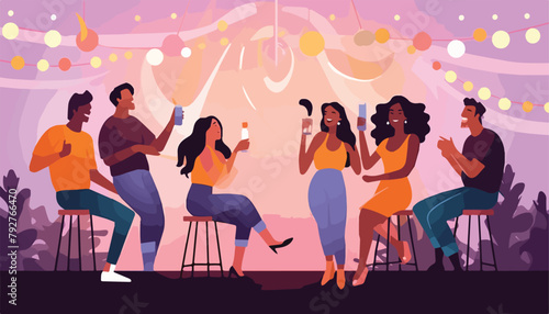 Dance party vector illustration. Cartoon people singing karaoke in club.