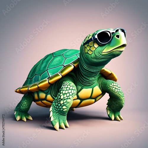 AI generated illustration of a tortoise in sunglasses standing against a pink background