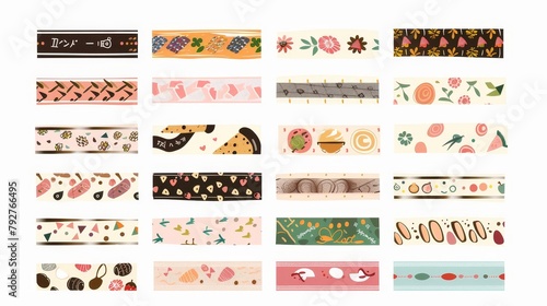 An abstract washi tape design set isolated on a white background. It features abstract, flower, bird, coffee, pizza, sweets ornaments. © Mark