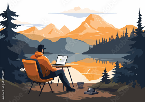 Man working on a laptop in the mountains. Vector illustration in flat style
