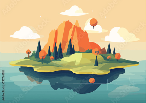 Island with mountains, trees and hot air balloons. Vector illustration