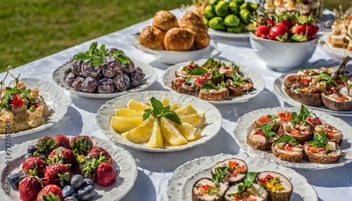 Multiple plates of various dishes on a white outdoor table with fresh fruits, AI-generated.