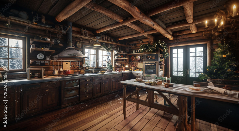 cozy kitchen in wooden cabin, table in foreground with gingerbread 