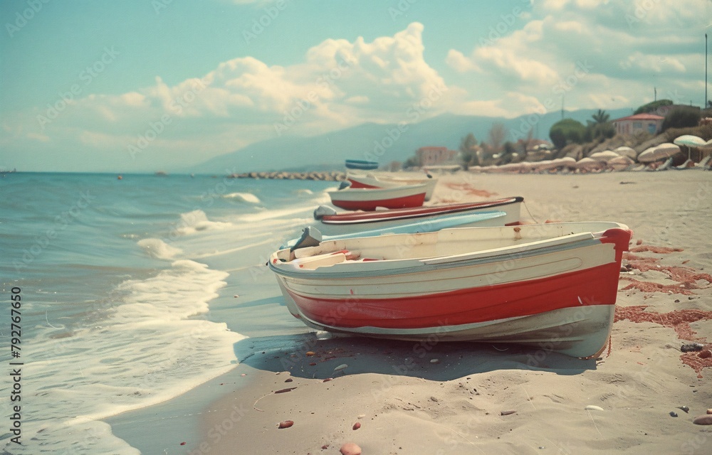 Vintage-style image capturing boats on a sandy beach, evoking feelings of solitude and the passage of time under a soft sky