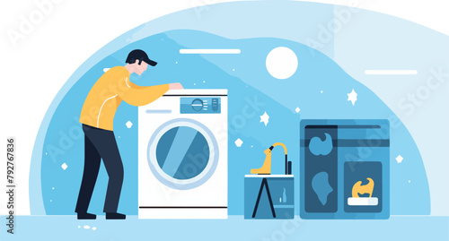 Laundry service vector flat illustration. Man standing near washing machine.