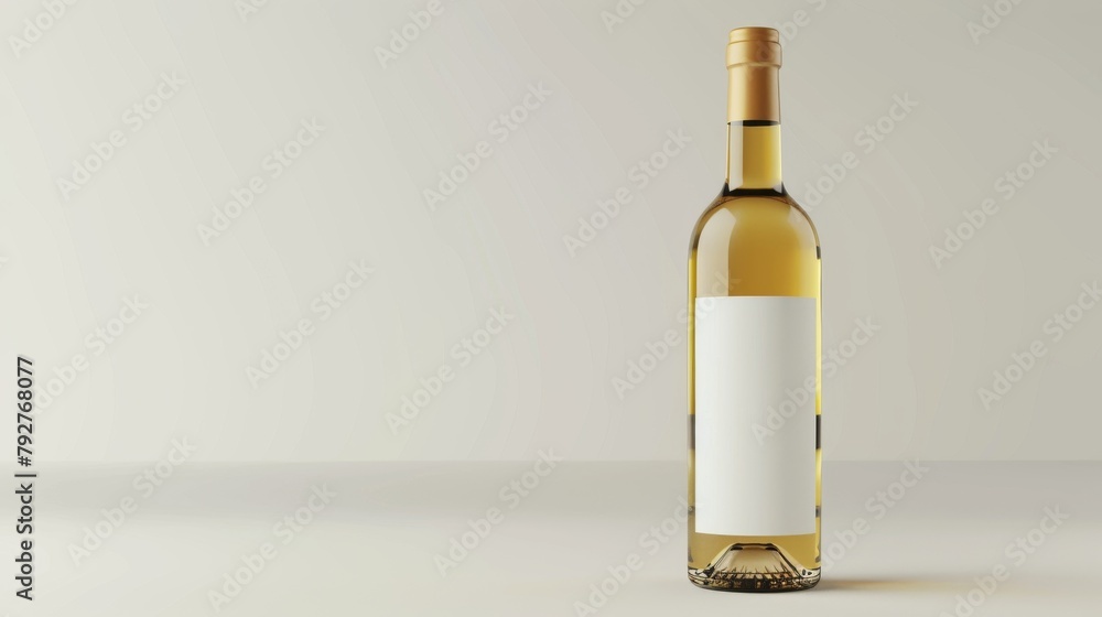 White Wine Bottle with Clean Label Design, A sleek white wine bottle with a clear, crisp wine inside and a clean label, against a neutral background for elegant branding.