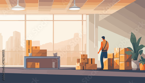 Warehouse interior with boxes and man worker. Flat vector illustration.