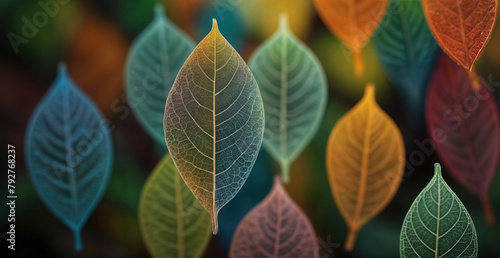 close up Colorful transparent and delicate skeleton leaves