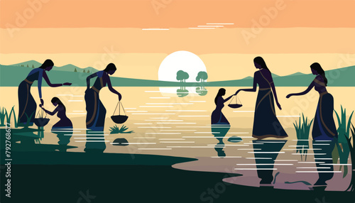 Silhouette of a family on the lake at sunset. Vector illustration