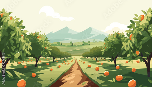 Rural landscape with orange orchard and mountains. Vector illustration.